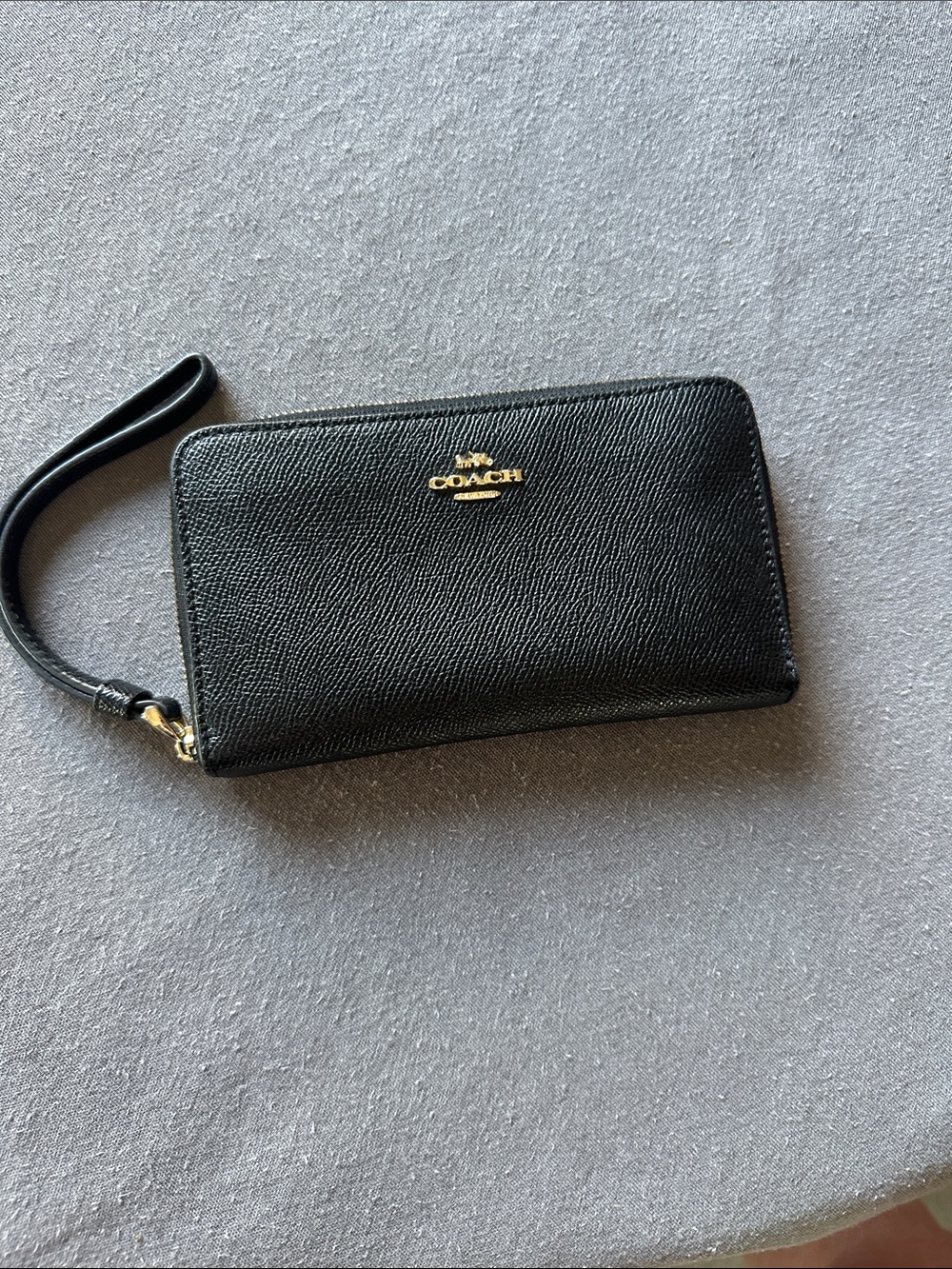 Coach Black Leather Zip Wristlet with Gold Logo